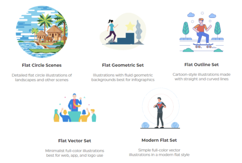 Design trends of different flat illustrations from Designs.ai's Graphicmaker.