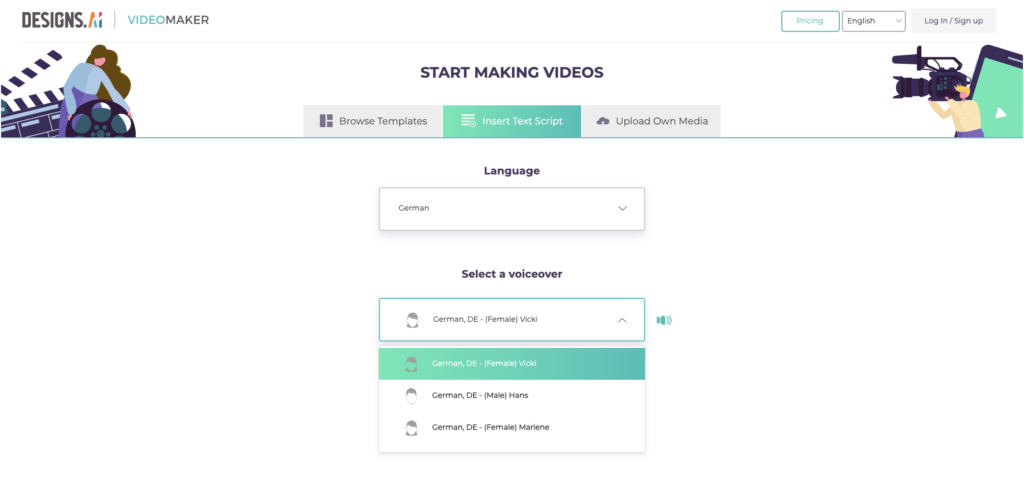 Designs.ai Videomaker has more than 20 languages, and different accents to choose from.