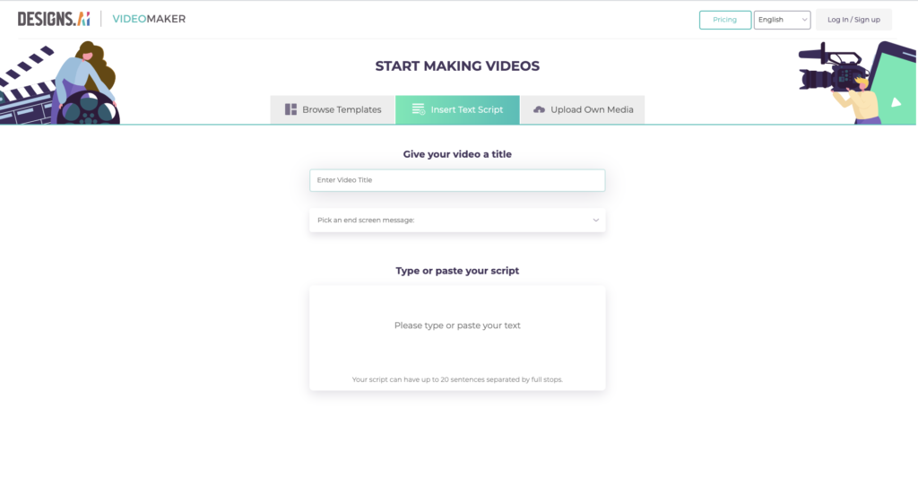 Designs.ai Videomaker interface page.