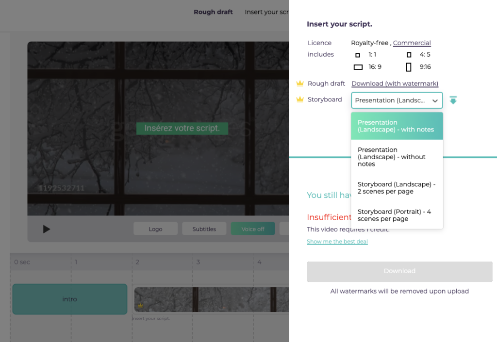 Designs.ai Videomaker - Les différentes options disponibles pour le téléchargement du storyboard.