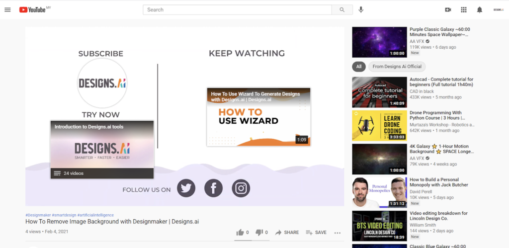 Designs.ai | Must knows to build a quality YouTube channel for your business - Example of YouTube video end screen