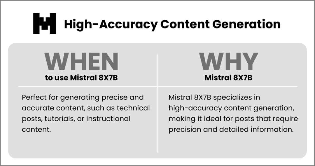 Graphic explaining when and why to use Mistral 8X7B for high-accuracy content generation.