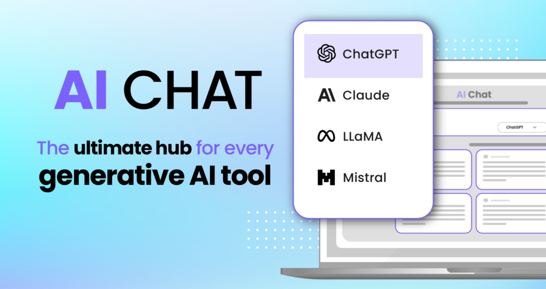 Graphic of a digital interface showcasing a selection of LLM models including ChatGPT, Claude, LLaMA, and Mistral on a modern AI chat application interface