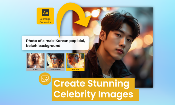 A graphical user interface featuring the text "Ag Gonorotor" against a bokeh background, showcasing a photo of a male Korean pop idol. The design includes the phrase "Create Stunning Celebrity Images."